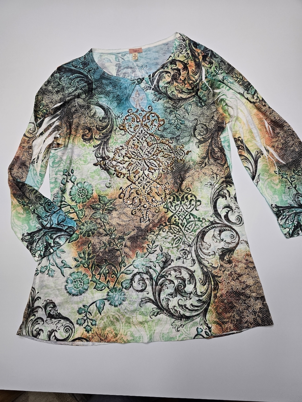 Reba Embellished Boho Floral Tunic - Teal, Green, Tan Medium
